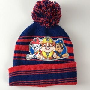 Paw Patrol Patch Winter Hat Red Blue Stripes Pom Pom